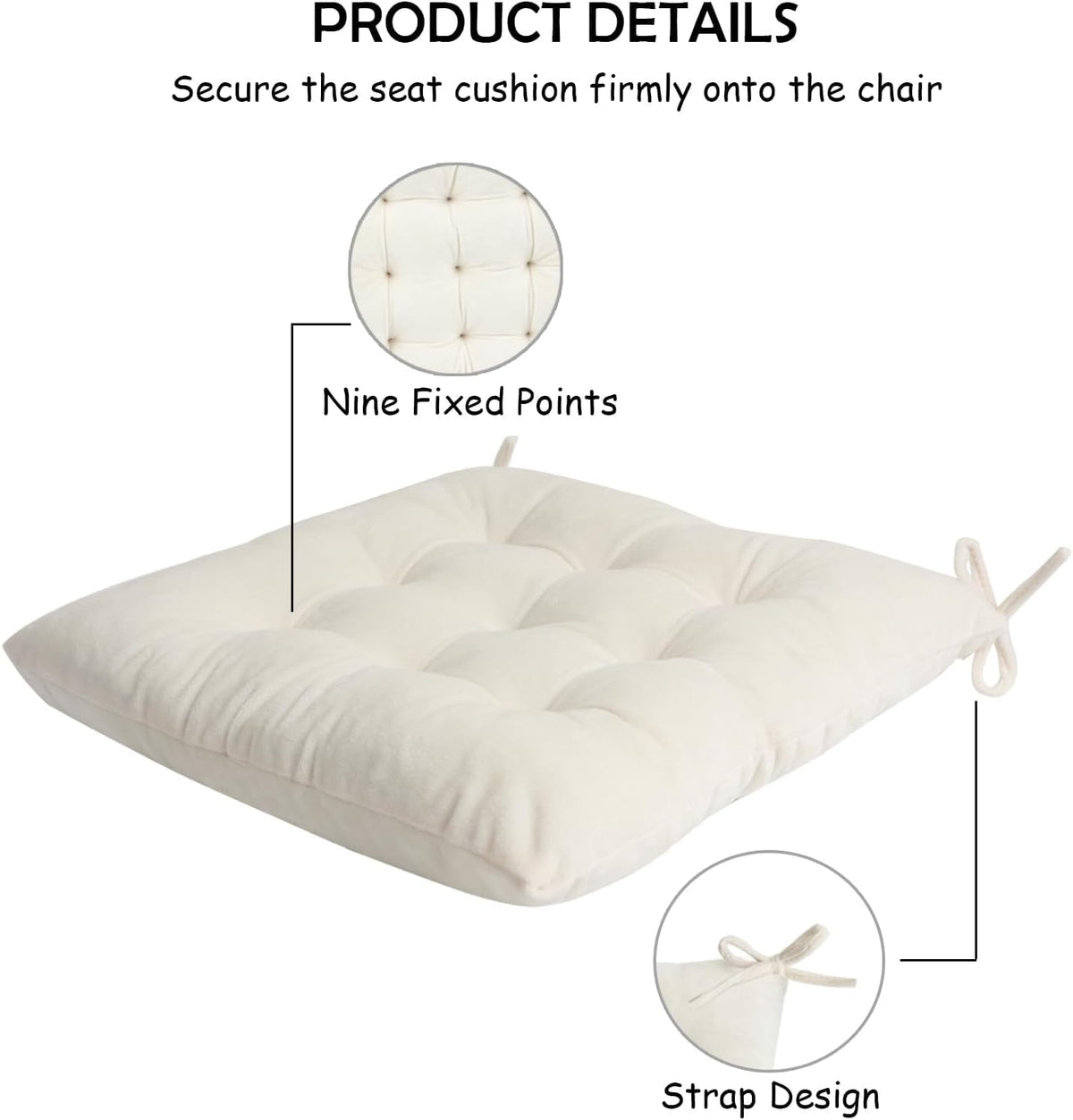 2 Pack Square Seat Cushion Chair Pads for Kitchen Dining Chairs, Soft Comfort Velvet Chair Mat Pillow Cushions with Ties for Office Desk Living Room Tatami 15.5", Ivory