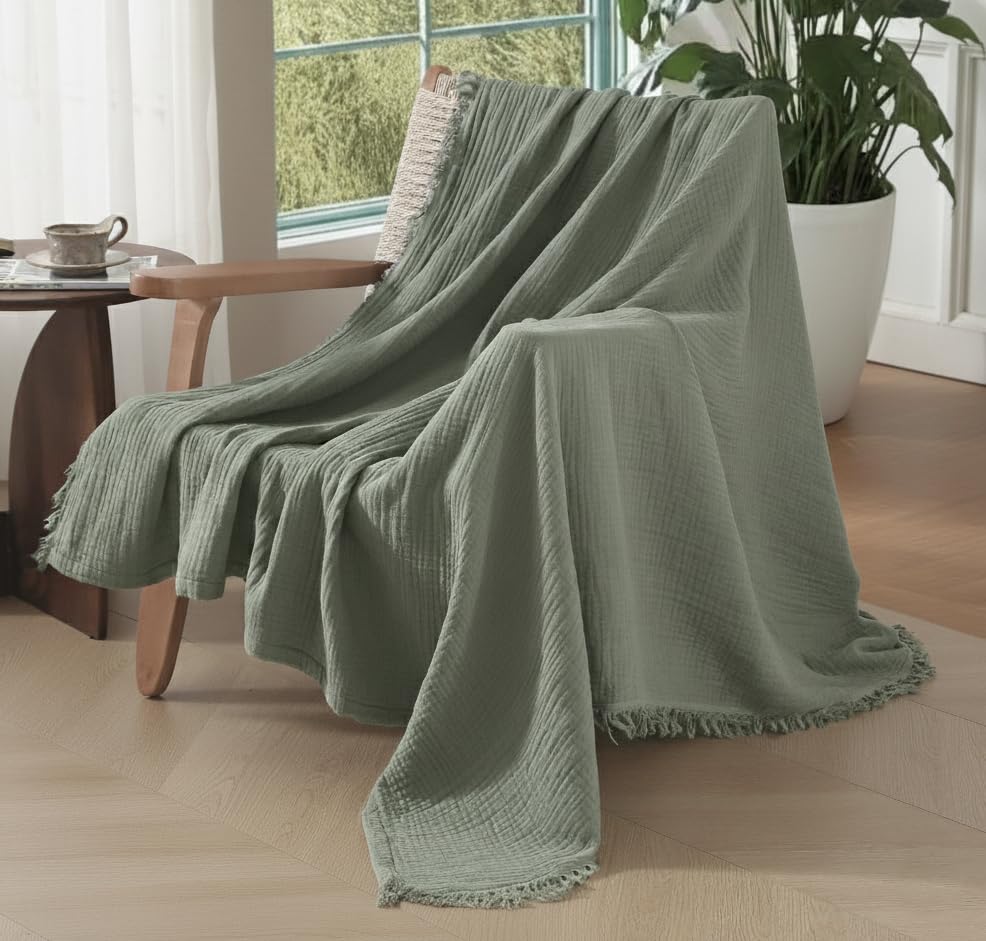 KyraHome 100% Organic Cotton Throw Muslin Blanket, 50"x60", Oatmeal Khaki