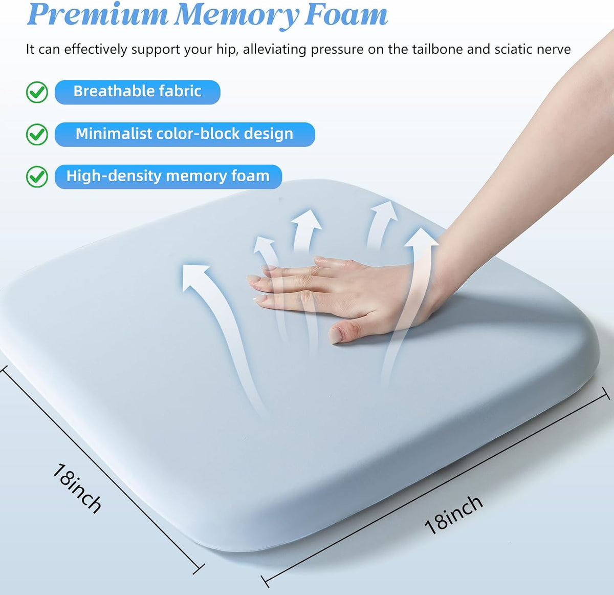 SheRest Office Chair Cushion with Straps, Memory Foam Seat Cushion with Removable Cover, Suitable for Office Chairs, Car Seats, and Airplane Seats, Blue, X-Large