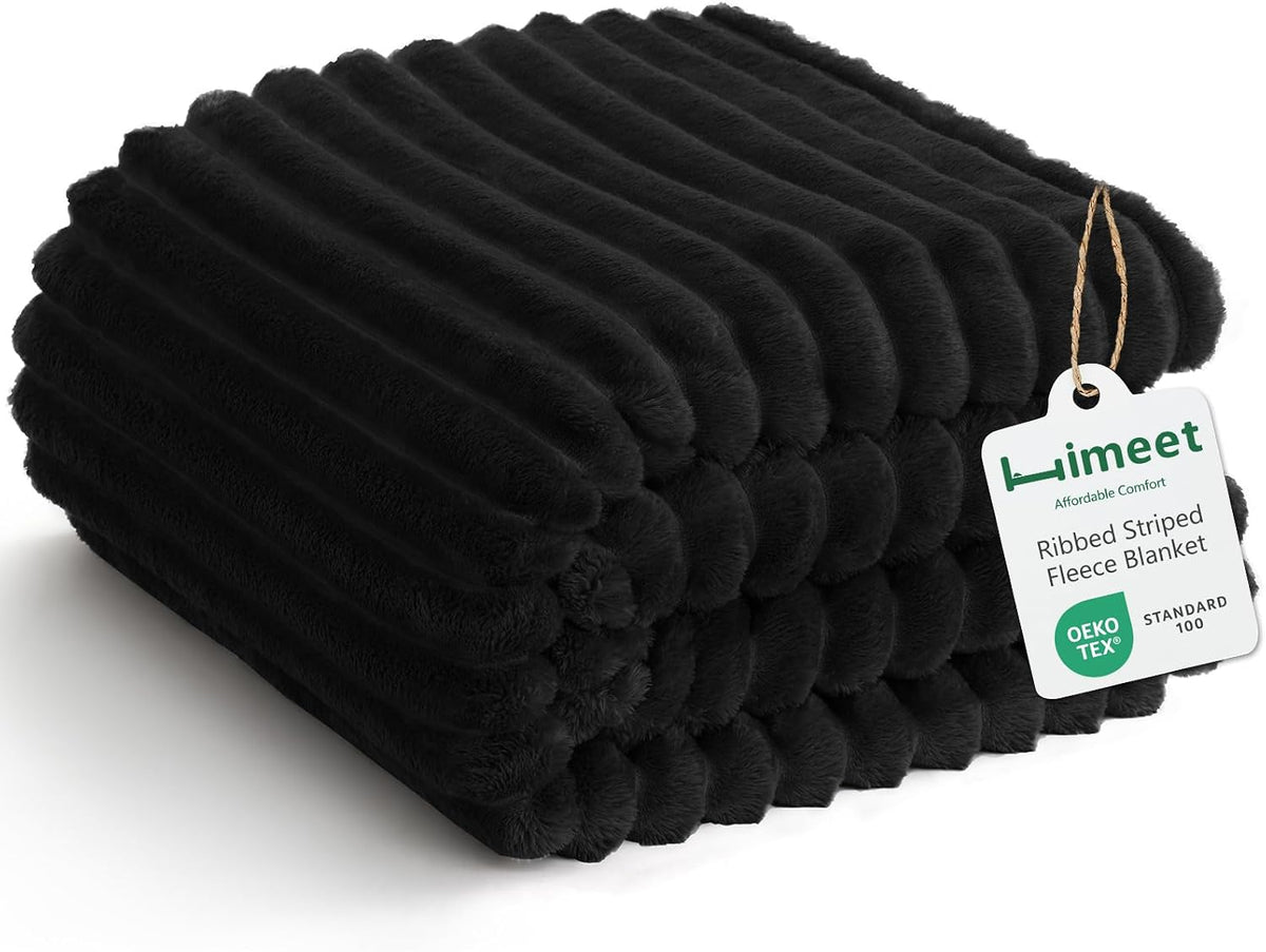 HIMEET Black Throw Blanket for Couch, 300GSM Ribbed Fleece, 50 x 60 Inches