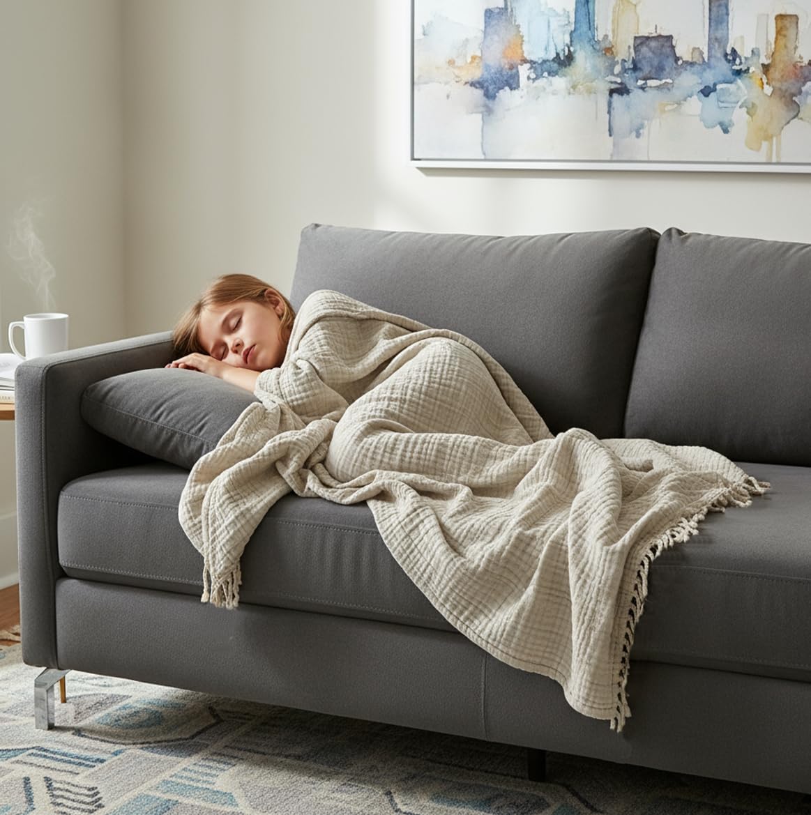 KyraHome 100% Organic Cotton Throw Muslin Blanket, 50"x60", Oatmeal Khaki