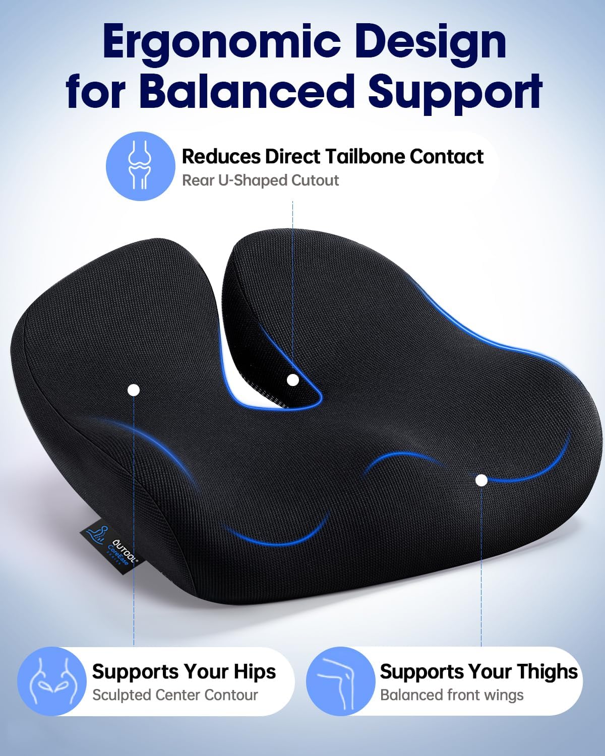 QUTOOL Large Seat Cushion for Office Chair,Pressure Relief & Long Sitting Support,Ergonomic Firm Support Memory Foam with U Cutout, Breathable Chair Cushion for Desk Home Office Work,Non-Slip,Black