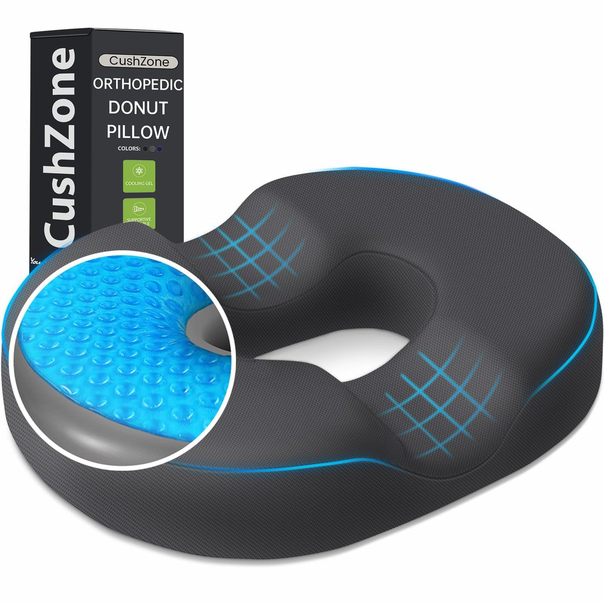Donut Pillow Seat Cushion, Cooling Gel Memory Foam Chair Cushion, Black
