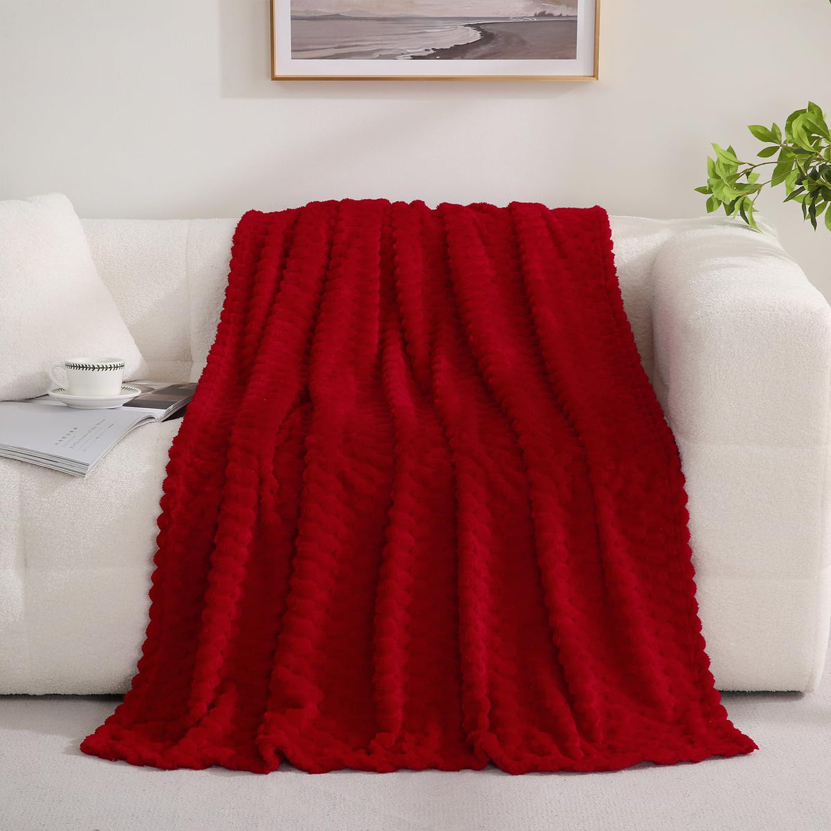 Red Throw Blanket 50"×60" inches Gifts for Mom Fuzzy 3D Jacquard Decorative