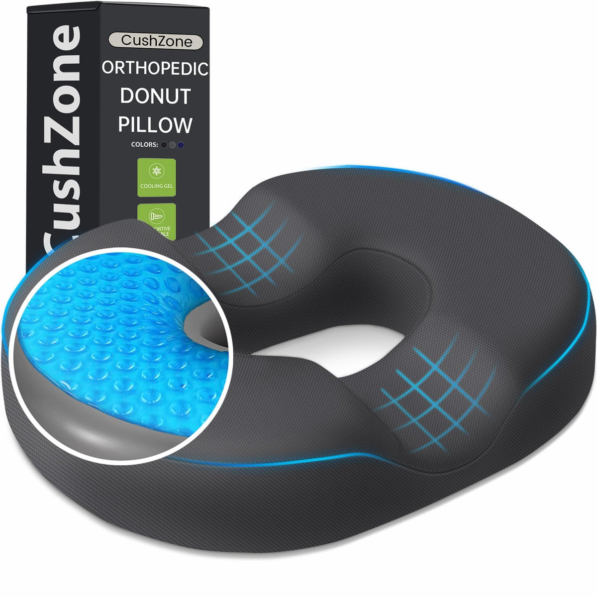 Donut Pillow Seat Cushion, Cooling Gel Memory Foam Chair Cushion, Black