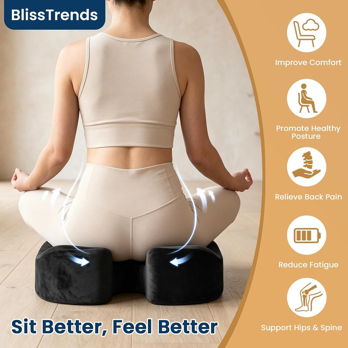 BlissTrends Memory Foam Seat Cushion for Office Chair & Car Seat, Black