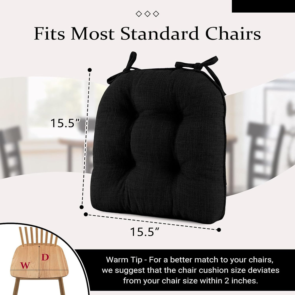 Wellsin Chair Cushions for Dining Chairs, Non-Slip Kitchen Chair Pads with Ties, Tufted Shredded Foam Kitchen Chair Cushions Set of 4, 15.5" X 15.5", Black