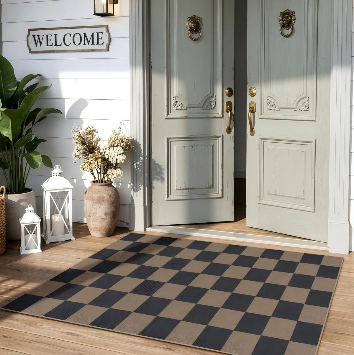 Lahome Checkered Easy Jute Non Slip Front Door Mat, 2x3 Kitchen Rug Neutral Small Throw Rug, Farmhouse Diamond Washable Non Shedding Low Pile Black Floor Carpet for Entryway Front Porch Doorway