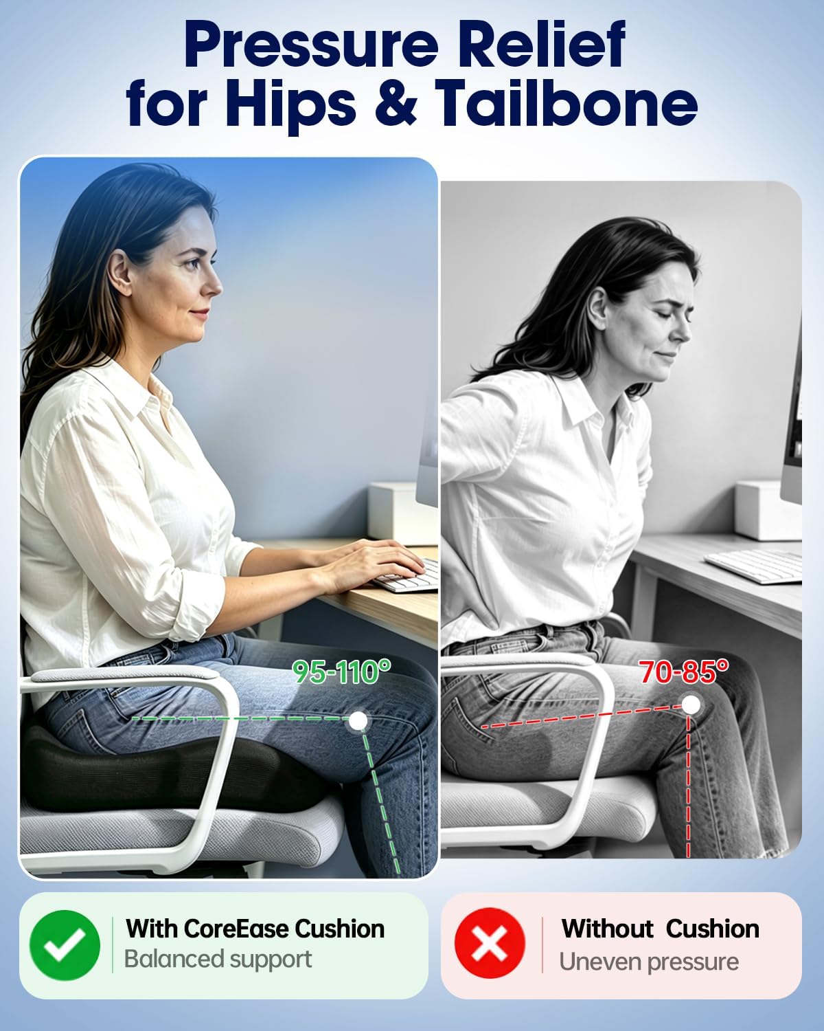 QUTOOL Large Seat Cushion for Office Chair,Pressure Relief & Long Sitting Support,Ergonomic Firm Support Memory Foam with U Cutout, Breathable Chair Cushion for Desk Home Office Work,Non-Slip,Black