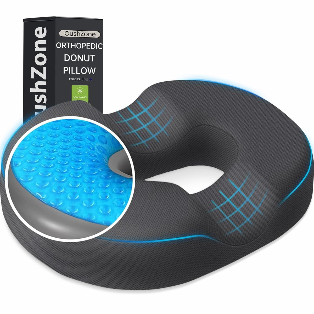 Donut Pillow Seat Cushion, Cooling Gel Memory Foam Chair Cushion, Black