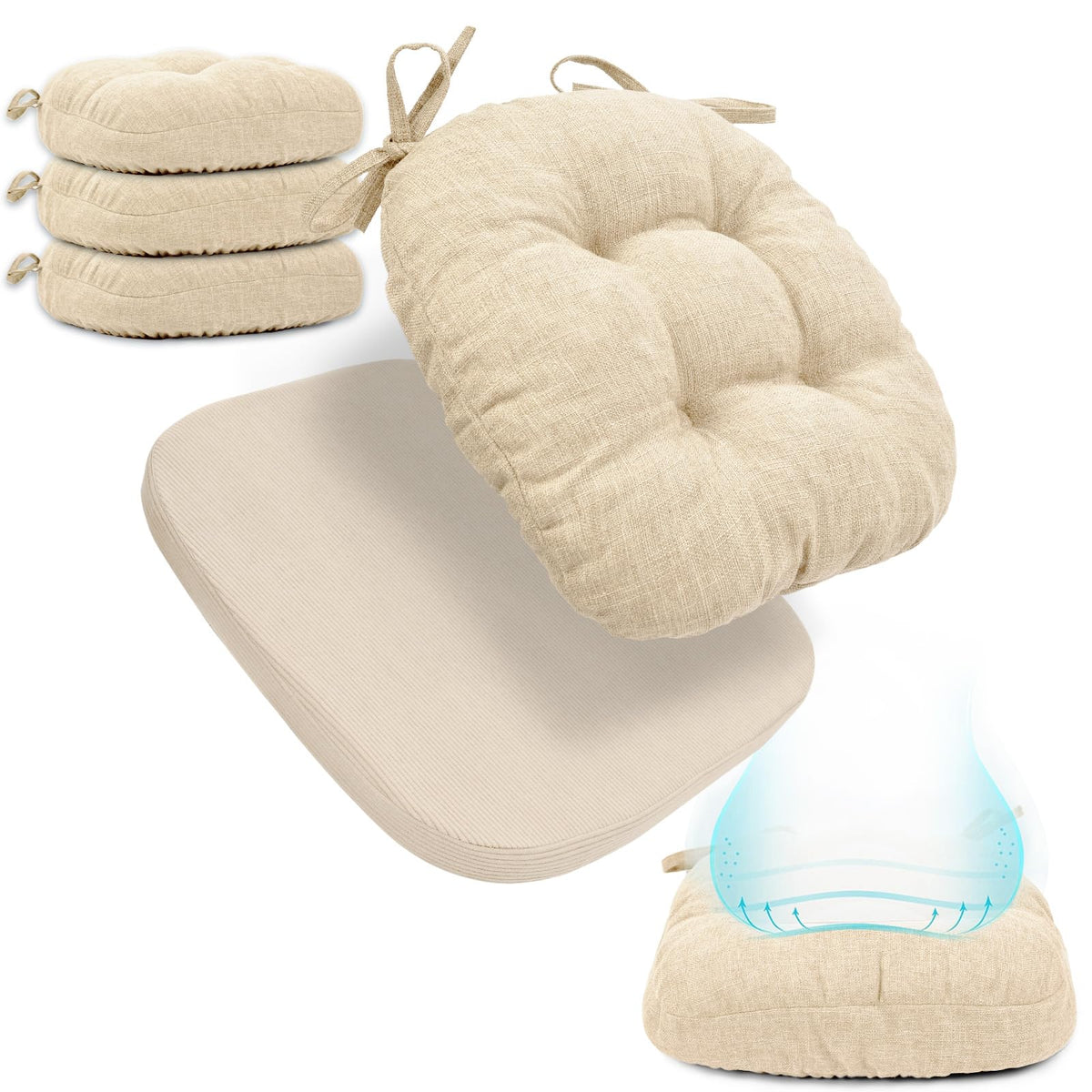 BUYUE 2-in-1 Chair Cushion for Dining Chair – Detachable Double-Layer, Use as 2 Seat Pads or 1 Extra-Thick Pad, Latex Foam, Non-Slip, Beige