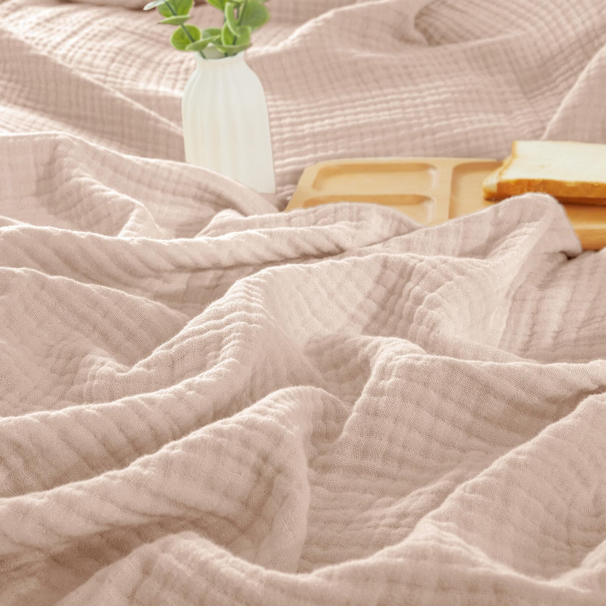 PHF 100% Cotton Muslin Blanket for Adults, Queen Size 90"X90", Taupe