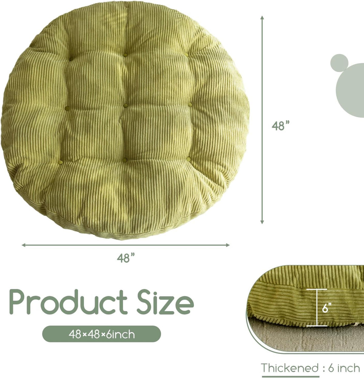 HIGOGOGO Papasan Chair Cushion with Corduroy Cover (Without Chair), 48 x 48 Inch Supportive Cushion, Overstuffed Chair Cushion,Green