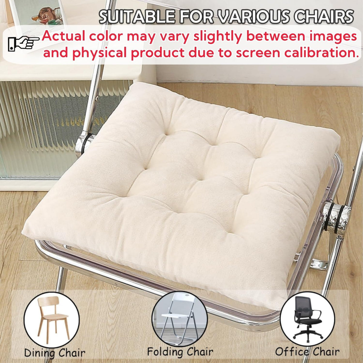 2 Pack Square Seat Cushion Chair Pads for Kitchen Dining Chairs, Soft Comfort Velvet Chair Mat Pillow Cushions with Ties for Office Desk Living Room Tatami 15.5", Ivory
