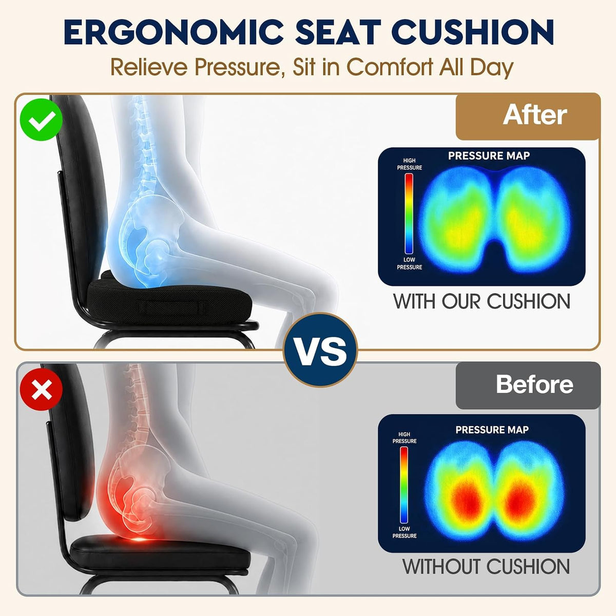 TushGuard Seat Cushion, Memory Foam Office Chair Cushion - Black, Large