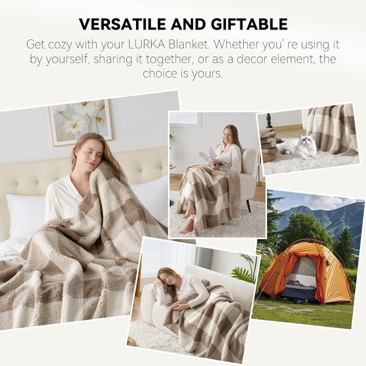 LURKA Checkered Sherpa Fleece Throw Blanket for Couch & Bed, Khaki 50x60