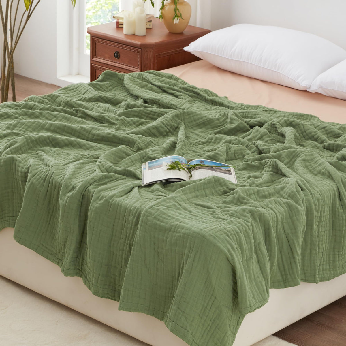 Love's cabin 100% Cotton Muslin Blanket Throw for Couch, Khaki