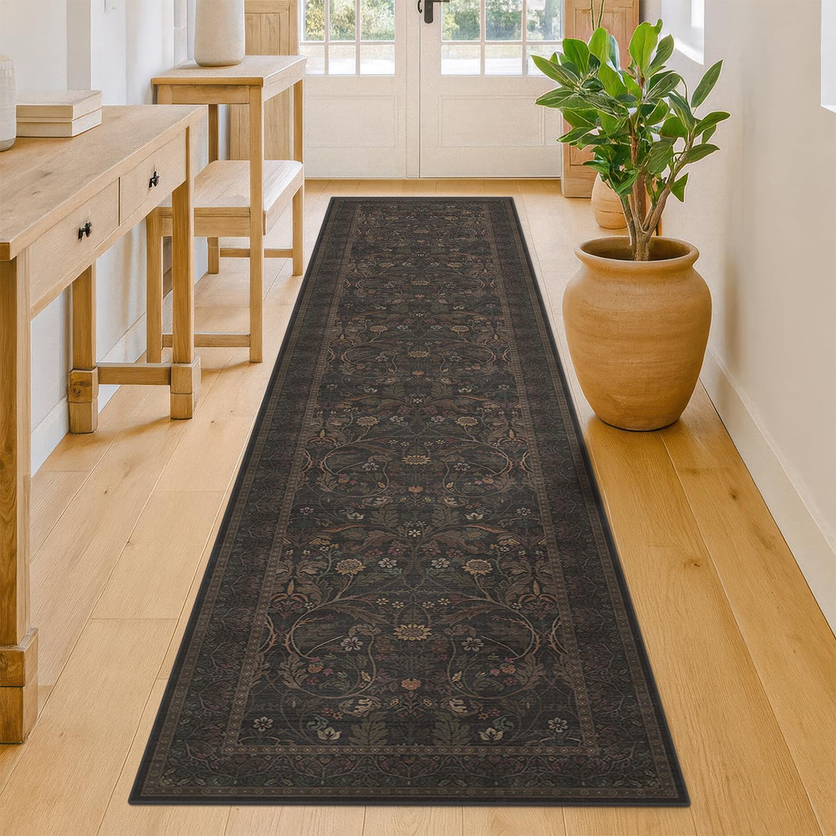 Dark Brown 2x3 Washable Entry Rug, Throw Small Rugs for Entryway Kitchen Bathroom Indoor Door Mat, Farmhouse Floral & Botanical Door Mats, Low Pile Soft Stain Resistant Carpet