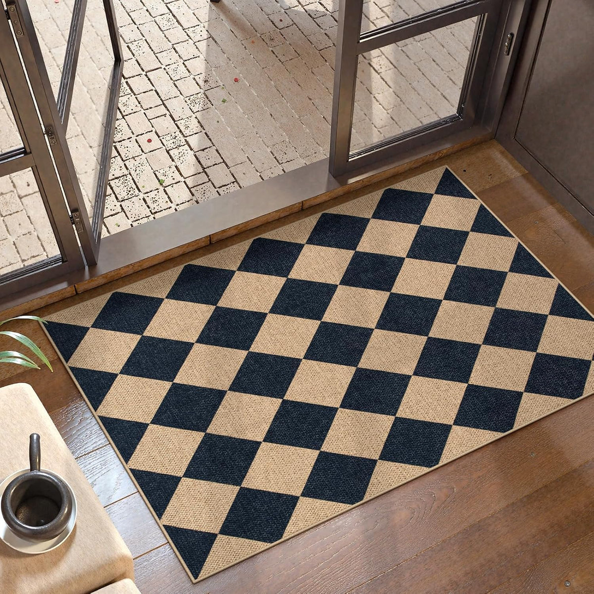 Lahome Checkered Easy Jute Non Slip Front Door Mat, 2x3 Kitchen Rug Neutral Small Throw Rug, Farmhouse Diamond Washable Non Shedding Low Pile Black Floor Carpet for Entryway Front Porch Doorway