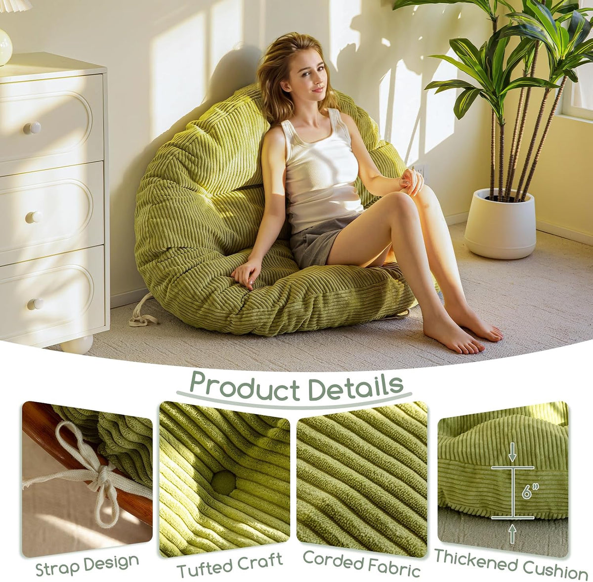 HIGOGOGO Papasan Chair Cushion with Corduroy Cover (Without Chair), 48 x 48 Inch Supportive Cushion, Overstuffed Chair Cushion,Green