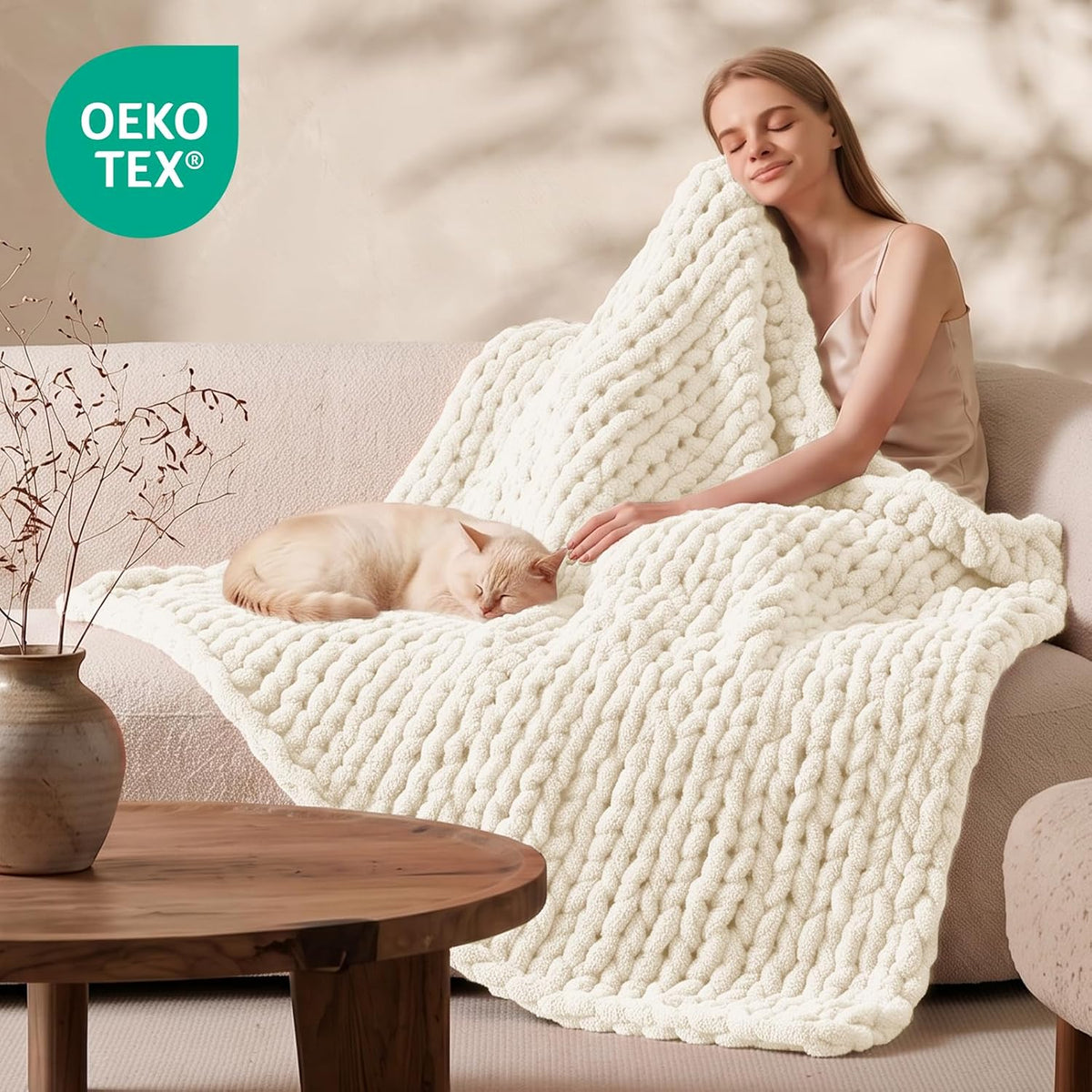 L'AGRATY Chunky Knit Throw Blanket for Couch, 50'' x 60'' Knit Throw, Ivory
