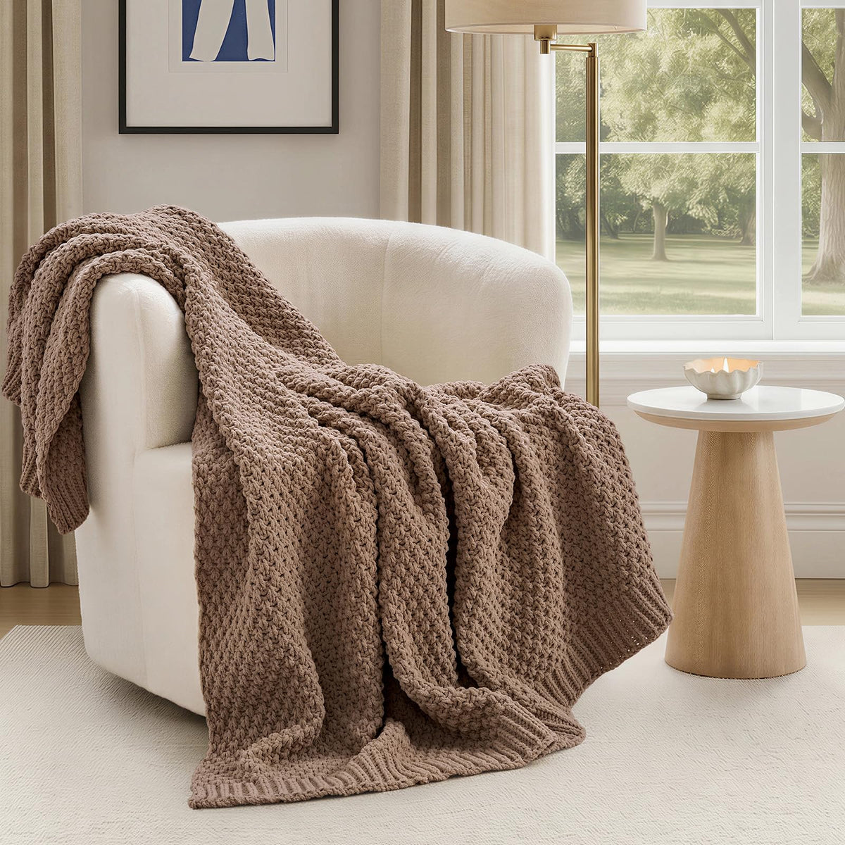 EVERGRACEHOME Chunky Chenille Knit Throw Blanket, 50 x 60, Beige