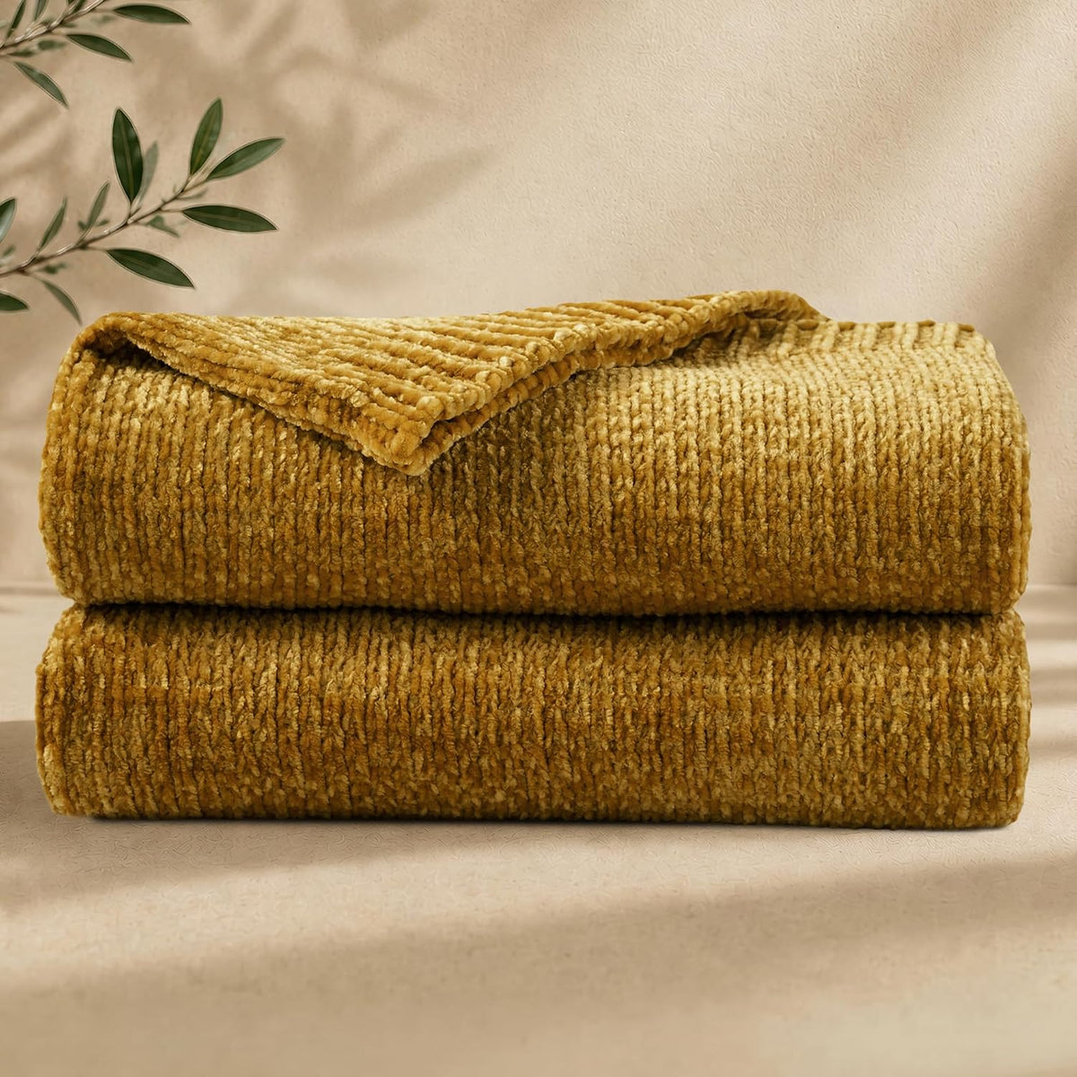 Chenille Throw Blanket for Couch, Cozy Soft Blanket Lightweight Decorative Throw for Living Room Sofa Chair, Stylish Home Decor, Ideal for Gifting, Yellow 50"x60"