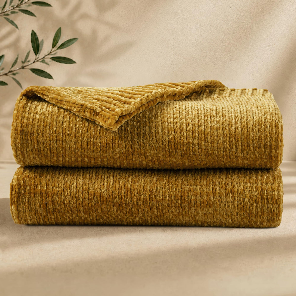 Chenille Throw Blanket for Couch, Cozy Soft Blanket Lightweight Decorative Throw for Living Room Sofa Chair, Stylish Home Decor, Ideal for Gifting, Yellow 50"x60"