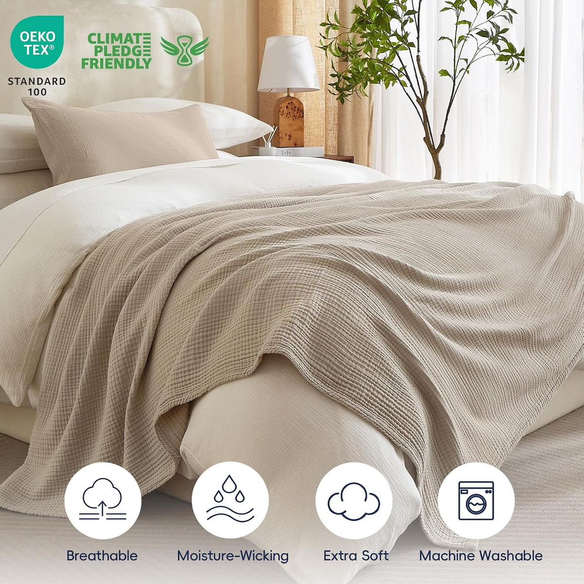 PHF 100% Cotton Muslin Blanket for Adults, Queen Size 90"X90", Taupe