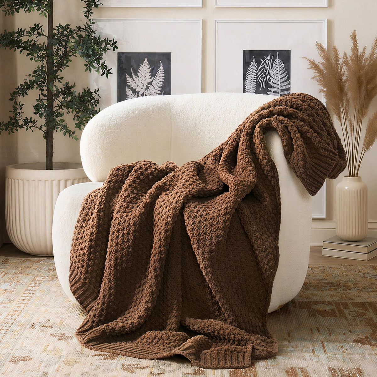 EVERGRACEHOME Chunky Chenille Knit Throw Blanket, 50 x 60, Beige