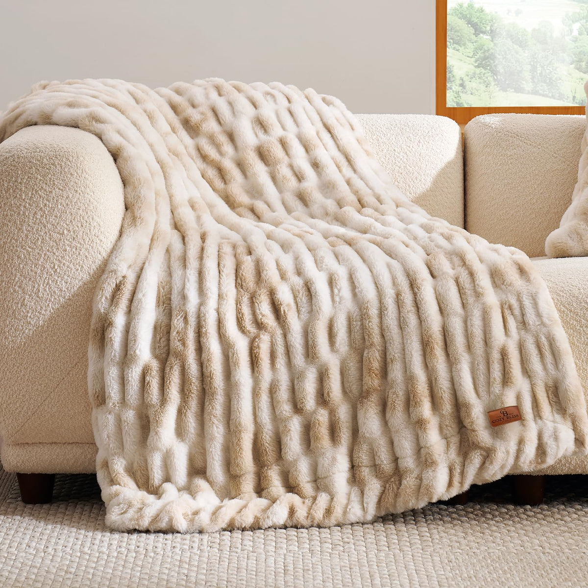 Cozy Bliss Double-Sided Soft Faux Fur Throw Blanket,50"x60", Cream White