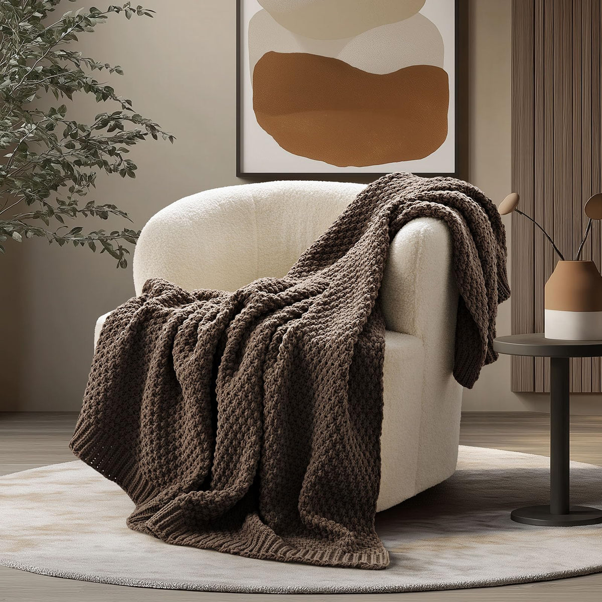 EVERGRACEHOME Chunky Chenille Knit Throw Blanket, 50 x 60, Beige
