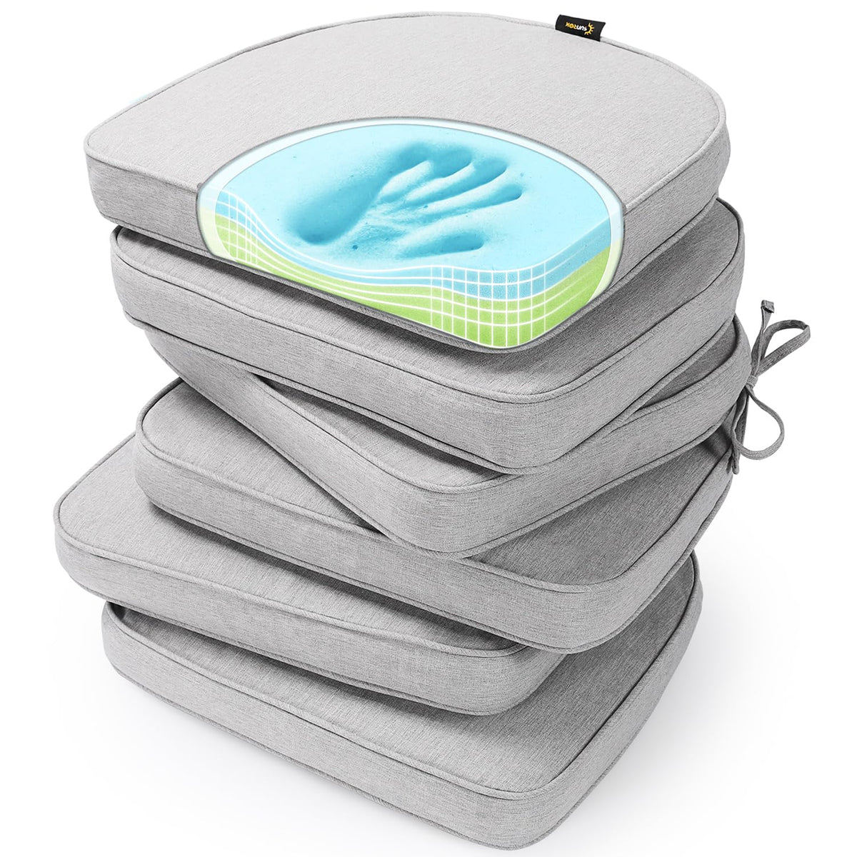 SUNROX Gel Memory Foam Chair Cushions, FadeShield Water-, Stain-Resistant Durable Reversible Seat Cushion Pads with Ties for Indoor/Outdoor Kitchen Dining Office 17"x16" Set of 6, Cream