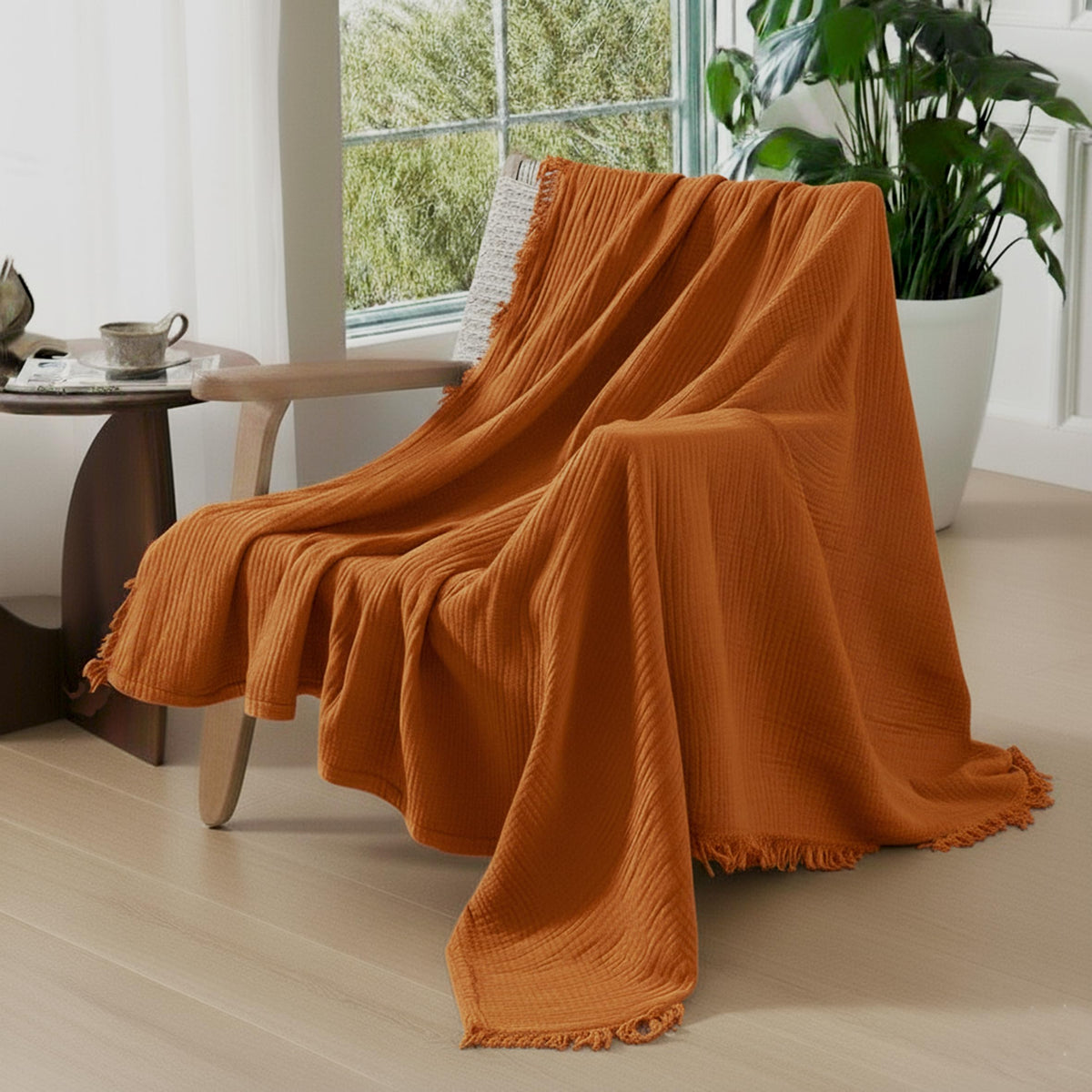 KyraHome 100% Organic Cotton Throw Muslin Blanket, 50"x60", Oatmeal Khaki