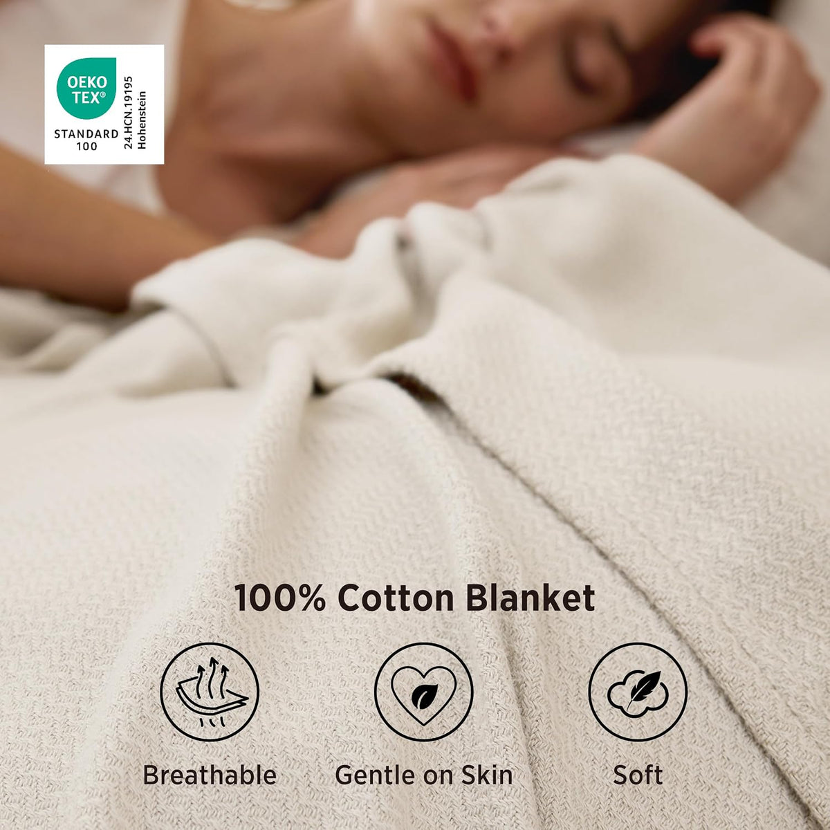 Bedsure 100% Cotton Blanket, Herringbone Weave, Throw XL, Linen Beige