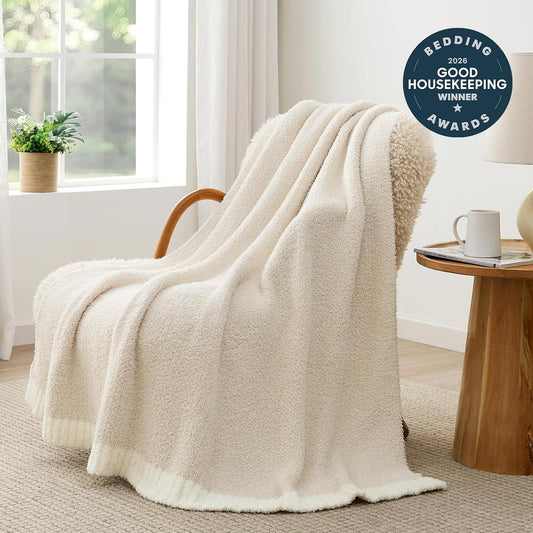 Snuggle Sac Buttery Ivory Throw Blanket for Couch, Reversible Super Soft Knitted Blankets, Warm Cozy Knit Fuzzy Plush Lightweight Throws Dupes for Sofa, Bed, Picnic, Ivory, 50 x 60 inches