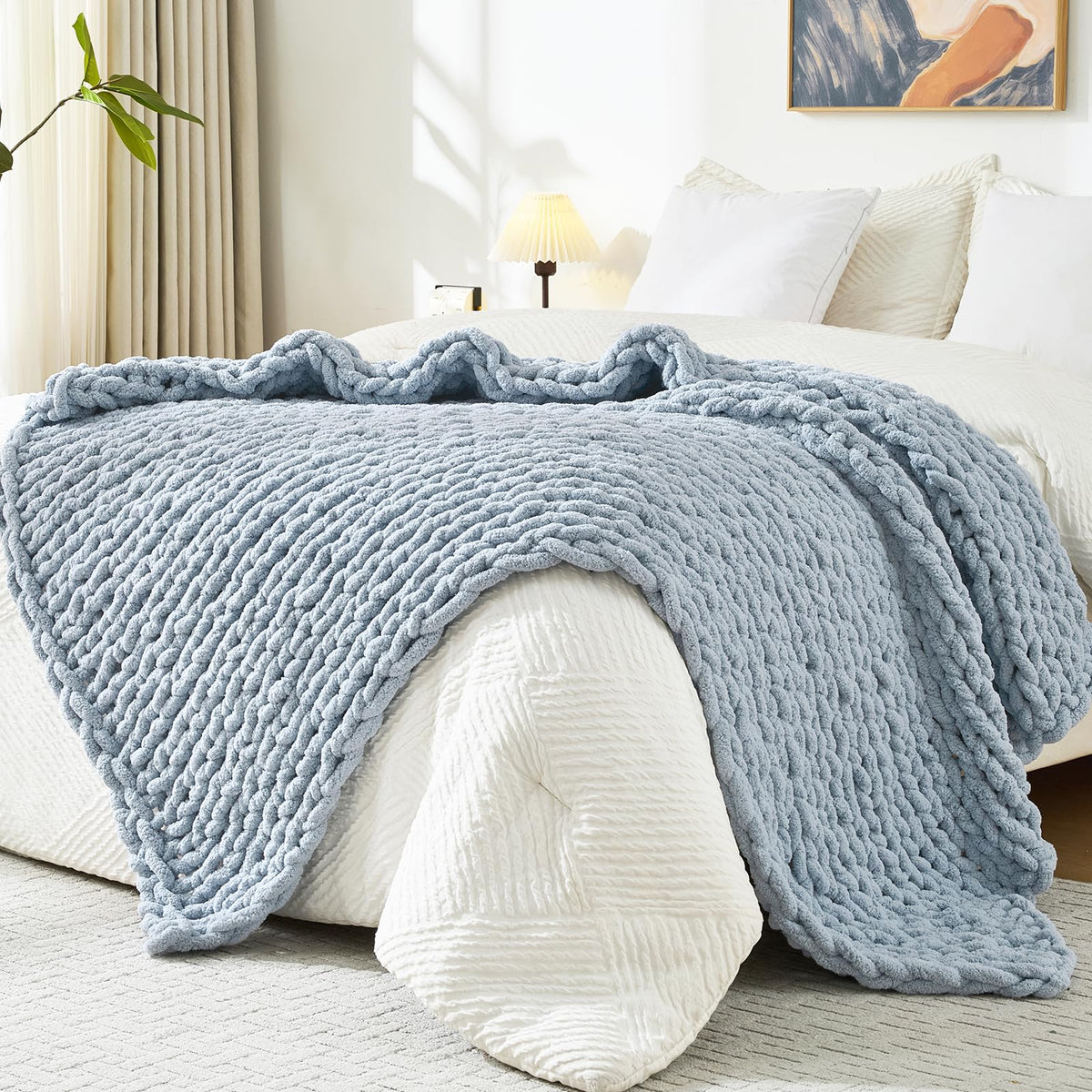 Bigacogo Chunky Knit Throw Blanket for Couch, 40x60 inches, Beige