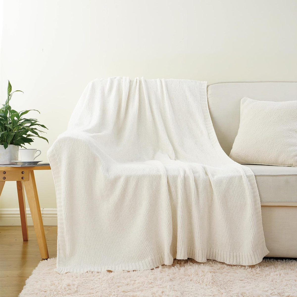 Chenille Throw Blanket for Couch, Knit Throw Blanket 51"x67", Ivory White