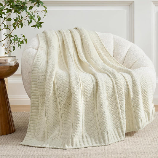 Amélie Home Chenille Knit Throw Blanket, Ivory White 50"x60"