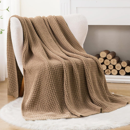 Beige Throw Blanket for Couch, Tan Waffle Knitted Throw Blankets 50"x60"