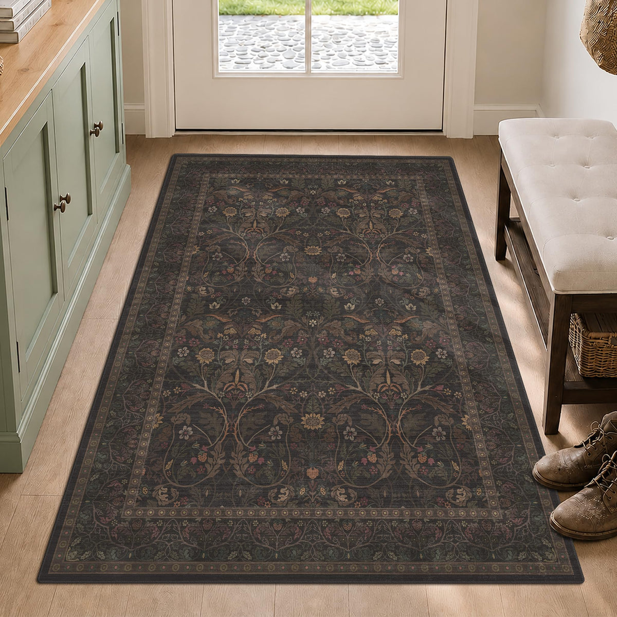 Dark Brown 2x3 Washable Entry Rug, Throw Small Rugs for Entryway Kitchen Bathroom Indoor Door Mat, Farmhouse Floral & Botanical Door Mats, Low Pile Soft Stain Resistant Carpet