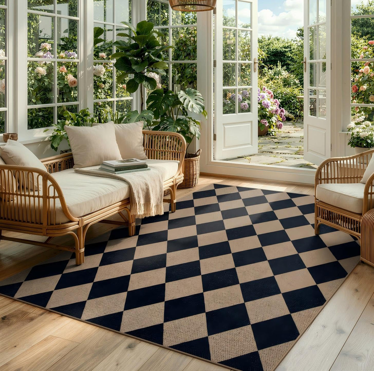 Lahome Checkered Easy Jute Non Slip Front Door Mat, 2x3 Kitchen Rug Neutral Small Throw Rug, Farmhouse Diamond Washable Non Shedding Low Pile Black Floor Carpet for Entryway Front Porch Doorway