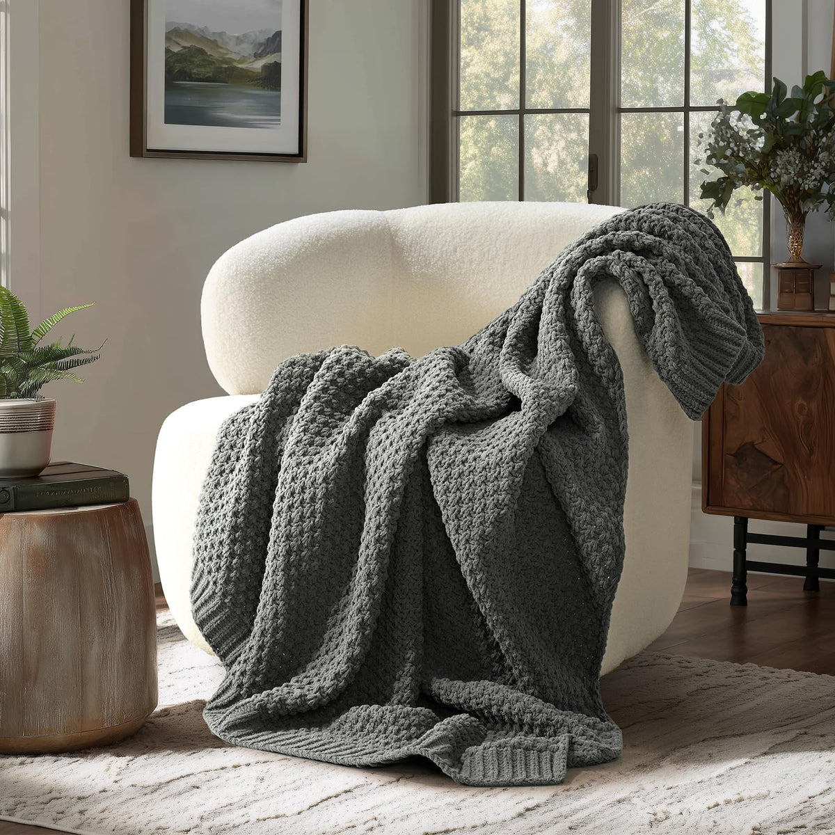 EVERGRACEHOME Chunky Chenille Knit Throw Blanket, 50 x 60, Beige