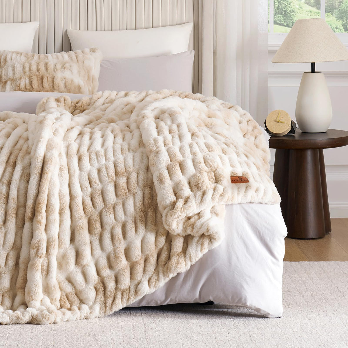 Cozy Bliss Double-Sided Soft Faux Fur Throw Blanket,50"x60", Cream White
