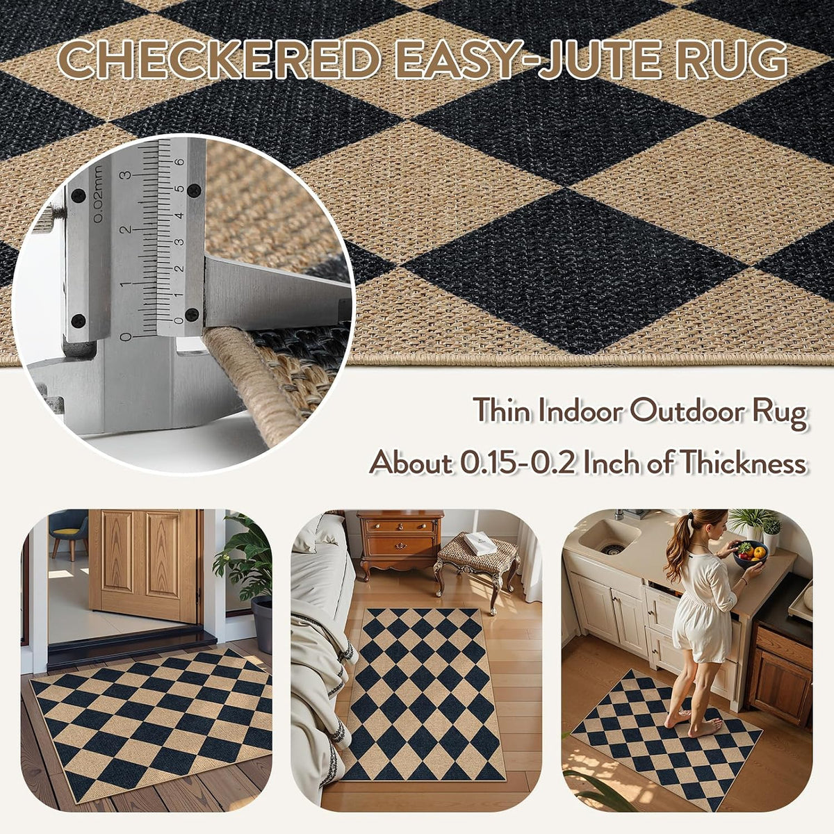 Lahome Checkered Easy Jute Non Slip Front Door Mat, 2x3 Kitchen Rug Neutral Small Throw Rug, Farmhouse Diamond Washable Non Shedding Low Pile Black Floor Carpet for Entryway Front Porch Doorway