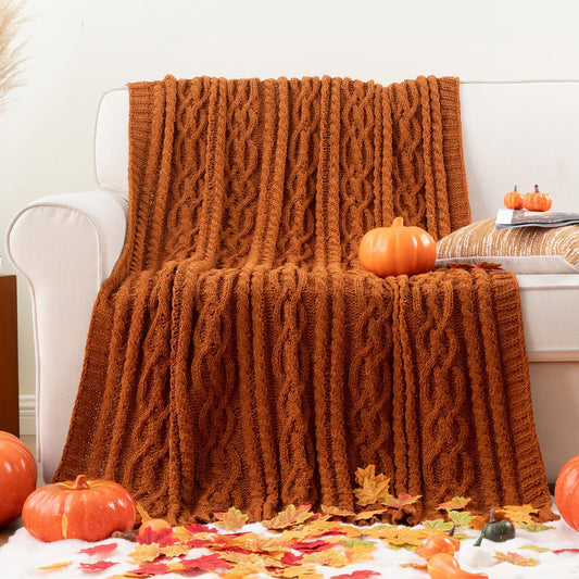 Battilo Rust Orange Throw Blanket for Couch, 51" x 67", Cable Knit Blanket