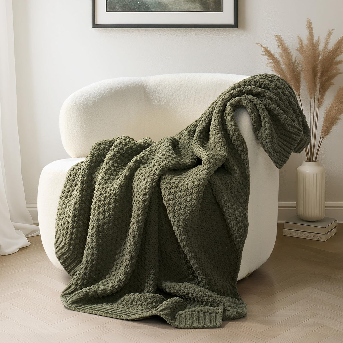 EVERGRACEHOME Chunky Chenille Knit Throw Blanket, 50 x 60, Beige