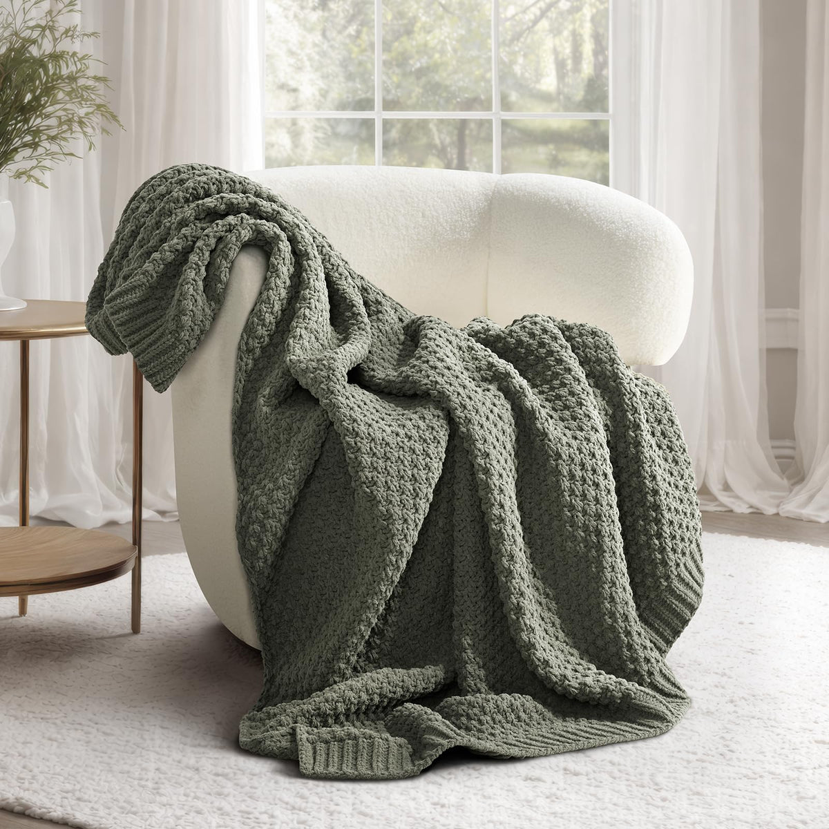 EVERGRACEHOME Chunky Chenille Knit Throw Blanket, 50 x 60, Beige