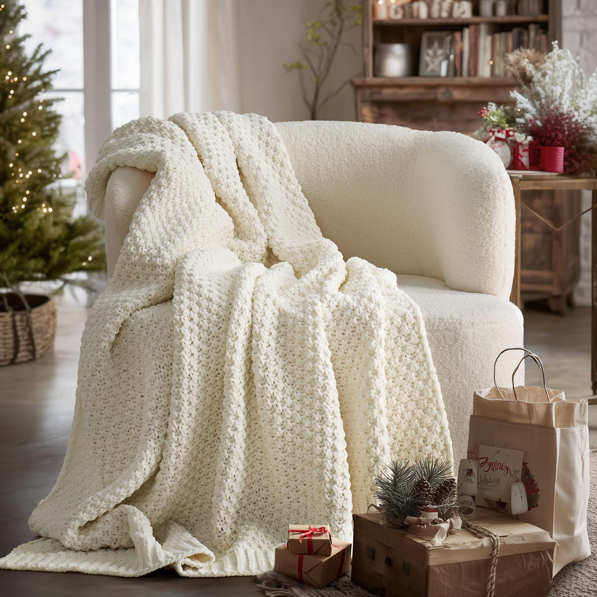 EVERGRACEHOME Chunky Chenille Knit Throw Blanket, 50 x 60, Beige