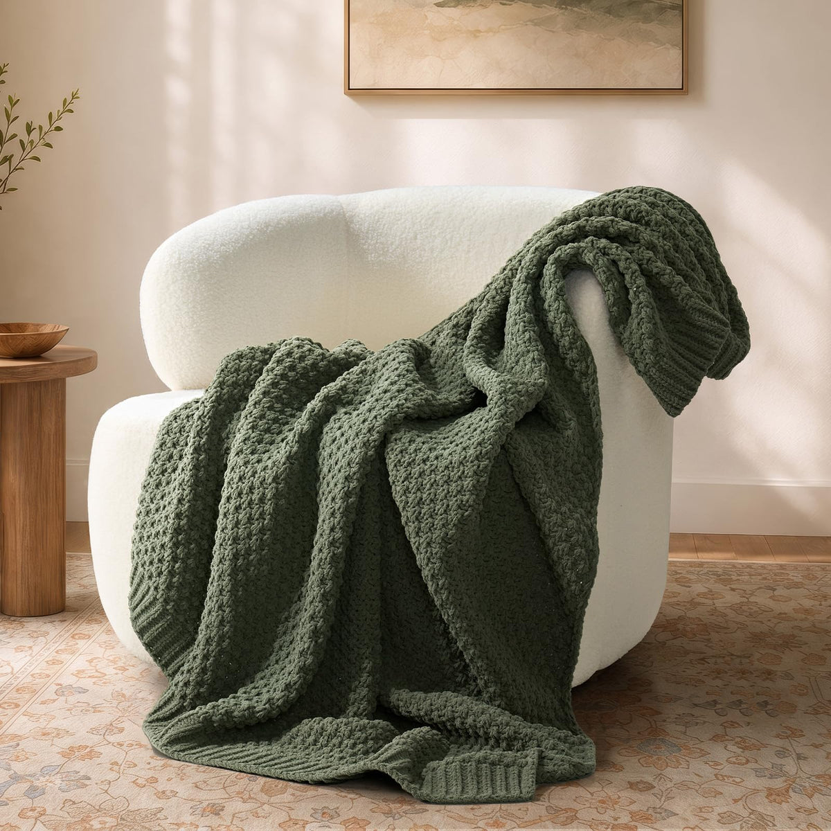 EVERGRACEHOME Chunky Chenille Knit Throw Blanket, 50 x 60, Beige